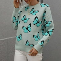 Hinvhai ženske modne duge rukave okrugli vrat leptir tisak labavi vrhovi bluza pleteni džemper na sezonskom
