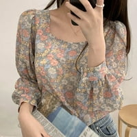 Baycosin Ljetne bluze za ženske dugih rukava Cvjetni ovratnik cvjetne tiskane majice