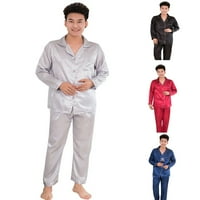 Muškarci FAU svilena saten dugih rukava Pajamas Set Loungewear Noćna haljina