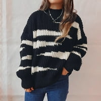 CETHRIO pulover džemperi za žene plus veličine zimske posade izrez s dugim rukavima prugaste lagane casual carene crni džemperi veličine s