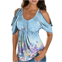 Dyegold hladni vrhovi ramena za žene nagnuto prednje cvjetne ispise kratkih rukava Bluze Ljetne majice