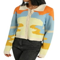 Aturuste Women džemper Knit Cardigan Block Block Rever Dugme s dugim rukavima dolje kaput modni pletiva