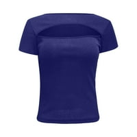 Bazyrey Žene vrhovi žene modni casual kratki rukav izdubit izleti čvrstu boju tanka fit vrhova plava