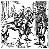 Vukodlak, 15. vek. Nwerewolf napada čoveka. NwoodCut, njemački, 15. vek. Poster Print by