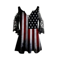 Hladne vrhove ramena za žene 4. jula Zipper V izrez čipke šuplje majice kratkih rukava Američka zastava