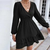 Jesenske haljine za žene plaža cvjetna masirt sandress casual labav haljina klizačica V izrez dvostruka ruffle slim haljina crna l