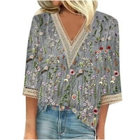 Ženski rukav ljetni vrhovi, labavi draped tunika čipka V izrez casual bluze Vintage cvijeća majica Boho