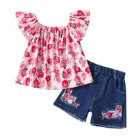 Little Girl's Outfit Chic Predškolske djevojke FLYNE SLEEVE Cvjetni tiskovi Jeans Hratke Ležerne odjeće
