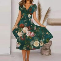 Gacuw Summer Maxi haljine za žene V izrez kratkih rukava Calf Duljina Swing Plaže Haljine Trendne haljine