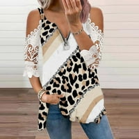 USMIXI ženske majice V-izrez kratki rukav Leopard Ispiši ljeto slatke vrhove vintage čipka TRIM tromjesečje