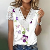 Tking Fashion ženska čipka šuplje kratki rukav čipka Šuplja V-izrez T Majica Ljetni casual cvjetni vrhovi