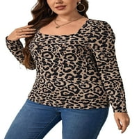 Ležerni leopard tisak kvadratni vrat dugih rukava s višebojnih majica plus veličine majice