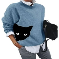 Voguele Žene Pulover Cat tiskani džemper Zimski topli Jumper Tops Loungewer Pleteni džemperi Labavi plavi 2xl
