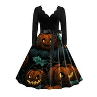 Noć vještica za žene, ženska modna Halloween Print dugi rukav V CALDCON čipke Up midi haljina kuglaste
