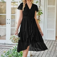 Osobularna boja u boji V izrez Jednostavna i izvrsna dizajna Ženska ležerna haljina crna m