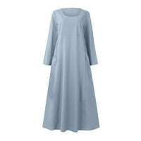 Jesenske haljine za žensko čišćenje dugih rukava od pamučnog posteljina okrugla vrat džepna haljina narančaste haljine žene srednje dužine koktel haljina stil d- svijetli plavi xl