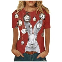 Ženski vrhovi ženski modni casual uskršnji zec tiskani okrugli vrat kratkih rukava top bluza crvena