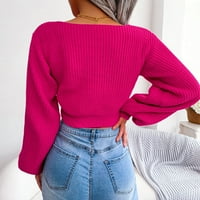Ženski džemperi Dressing Leasual V izrez dugih rukava s rebrastim pletenim džemper vrućim ružičastom