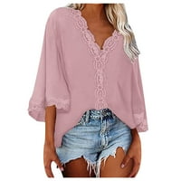 Ženska ljetna casual moda čvrsta boja V-izrez čipka za šivanje bljeskalice labave majice Top ružičaste