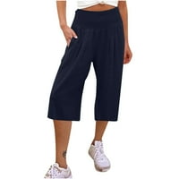 Wyongtao ženske pamučne posteljine kaprisu hlače visoko struka širokog dnevnog boravka noga sa džepom,