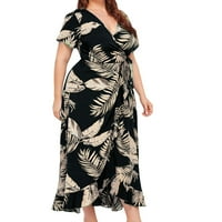 Plus size Ženska cvjetna štampa V-izrez Ruffled kratki rukav Ležerne vješalice duge haljine crne 3xl