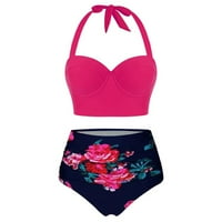 Caveitl Womens bikini setovi, ženski cvjetni print visoki usjeva struka + kratke hlače dva kupaća kostima Halterbeachwear vruće ružičaste
