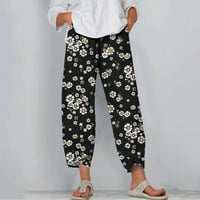 Ženske ljetne casual pantalone pamučne posteljine labave ravne ispise prozračne pantalone dame široke pantalone za noge s džepovima