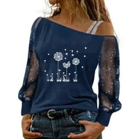 Sayhi Women Fashion Top Majica D Andelion tiskana mreža sa dugim rukavima Elegantna hladna ramena Termalna