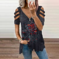 Labavi montirani vrhovi za žene moda izdužena tiskana V-izrez majica kratkih rukava casual bluze ženske