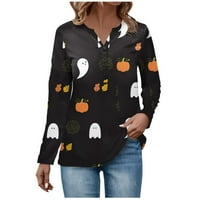 Sksloeg Thirts majice za žene Halloween Henley košulje Halloween Cat bundeve padajući na vrhu gumba s dugim rukavima UP Tunike, crne s