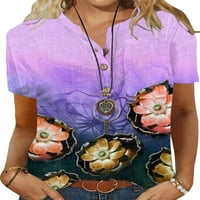 GRIANOOK DA LIME majica Floral Print Majica kratki rukav Tee ženska modna bluza tunika Bohemian Henley vrat Pulover Purple XL