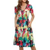 Ljetne haljine za čišćenje ispod 10 dolara. Ženska ležerna modna ljetna kratka rukava labavi ispis tankog džepnog dugmeta v -neck haljina