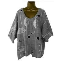 Ženski bluze Žene casual labavo pamučne posteljine kratkih rukava od tiskane velike veličine tamno siva