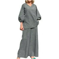 Ženska plus veličina dva odjeća Ljetno odijelo Solidne boje, posteljina od dugih rukava i pantalona Ležerni salon sivi
