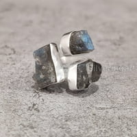 Prirodni labradoritetni prsten, grubi labra drago kamenje, podesiv, trostruki kamen, srebro, ženski