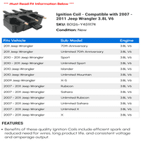 Zavojnica paljenja - kompatibilna sa - Jeep Wrangler 3.8L V 2010