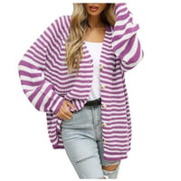 IOPQO Cardigan džemperi za žene Ženska boja blok rebrasti plemen Cardigan džemper Slim V-izrez Duks dugih rukava kaput Ženske vrhove Kardigan za žene Purple M