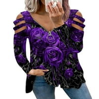 Žene cvjetni print dugih rukava V izrez patentni zatvarač na vrhu bluza hladnog ramena tunika