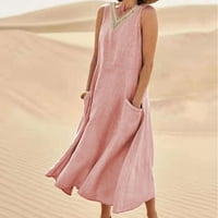 Ljetne haljine za žene, casual maxi sandresses pune boje okruglih vrata bez rukava haljina za pamuk