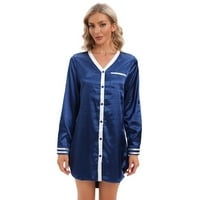 Sleep Majica za žene - svilena gumba dole haljina pidžama za žene, dečko na noćnoj majicu s dugim rukavima
