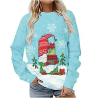 Božićne dukseve za žene Ležerne prilike s dugim rukavima, majice s pulover slatkim grafičkim prazničnim labavim bluzema tunika