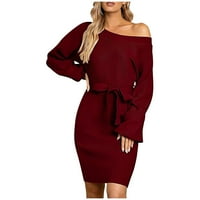 Žene modni casual čvrsti dugi rukavi od ramena pletena puna boja tanka haljina s haljinama remena plus