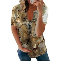Trendy ljetne košulje Ženske modne ležerne leptiri ispisane povremene majice kratki rukav patentni zatvarače V-izrez pulover bluza vrhova