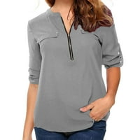 Cofeemo ljetne majice za žene modni čvrsti bok patentni zatvarač V-izrez kratkih rukava bluze chiffon uzročno labave košulje Tunički pulover