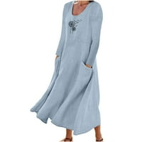 Zunfeo haljine za žene - novi dolazak labav fit udobnost pamučna posteljina sa džepovima A-line haljina Crewneck haljina za klijanje nebo plavo m