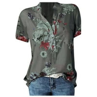Qcmgmg siva bluza za ženske ležerne vrhove Henley labav fit gumb dolje cvjetni kratki rukav ljetni košulje