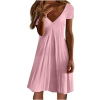 ECQKAME mini haljine za žene modni casual v izrez pune boje labava elastična kratka rukava haljina za