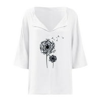 Womens V majice kratkih rukava Štampanje maslačke pamučne lanene bluze za bluzu Ljeto Loose Fit Casual