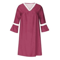 Ženske haljine s rukave midi haljina, ležerna tiskana A-line V-izrez ljetna haljina vruća ružičasta