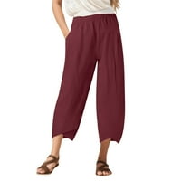 Puawkoer Womens Dnevno casual osam duljina pantalona džepova elastična struka čvrste hlače posteljine